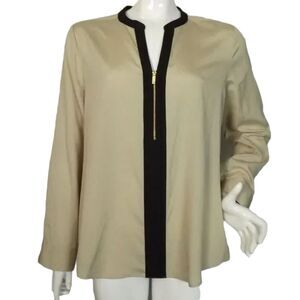 CALVIN KLEIN Blouse, L, Champagne/Black, Long Tab Sleeves, Zipper Neck
